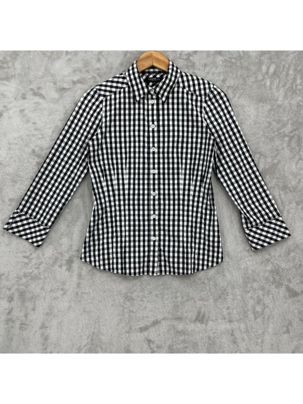 Lafayette 148 Black White Gingham 3/4 Sleeve Button Front Shirt Top
